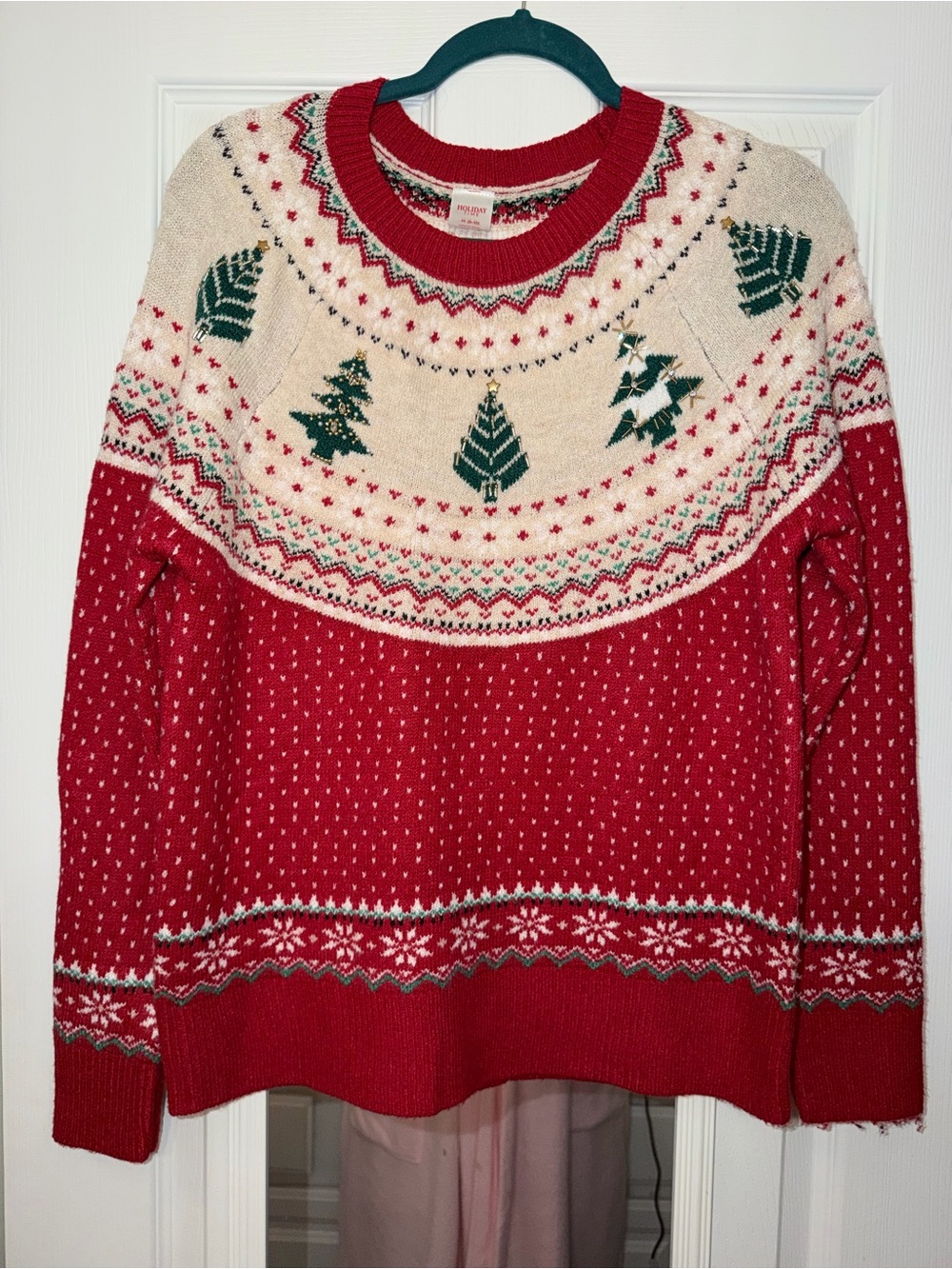 Cozy Red & Cream Holiday Tree Knit Sweater
